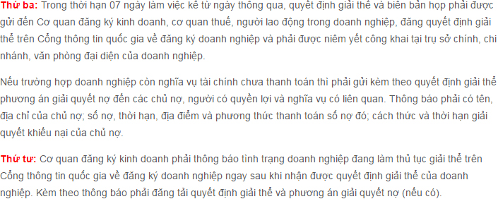 Thời hạn và nhận thông báo về giải thể doanh nghiệp